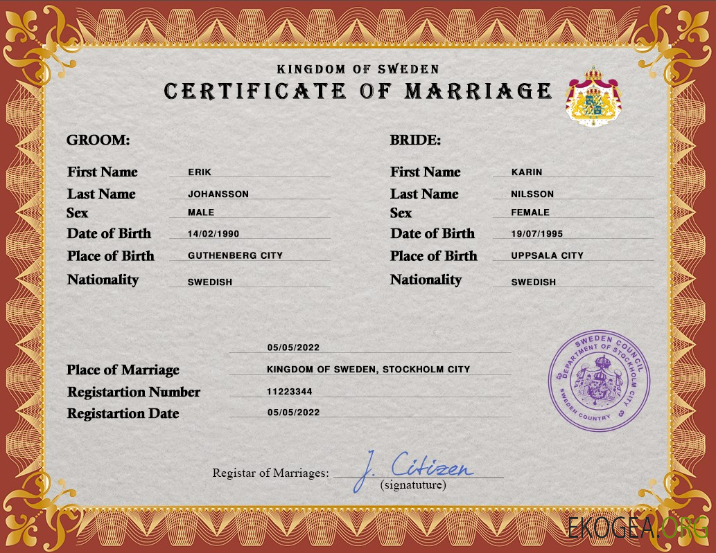 Modèle PSD de certificat de mariage en Suède